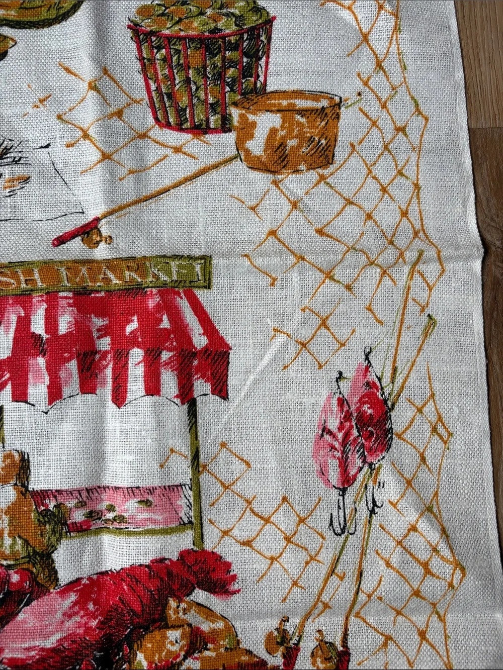 Vintage Fish Market Printed Kitchen Tea Towel - White with Red and Gold Accents